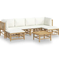 vidaXL Set de muebles de jardín 7 piezas bambú y cojines blanco crema Clearance