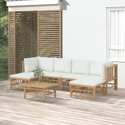 vidaXL Set de muebles de jardín 7 piezas bambú y cojines blanco crema Clearance