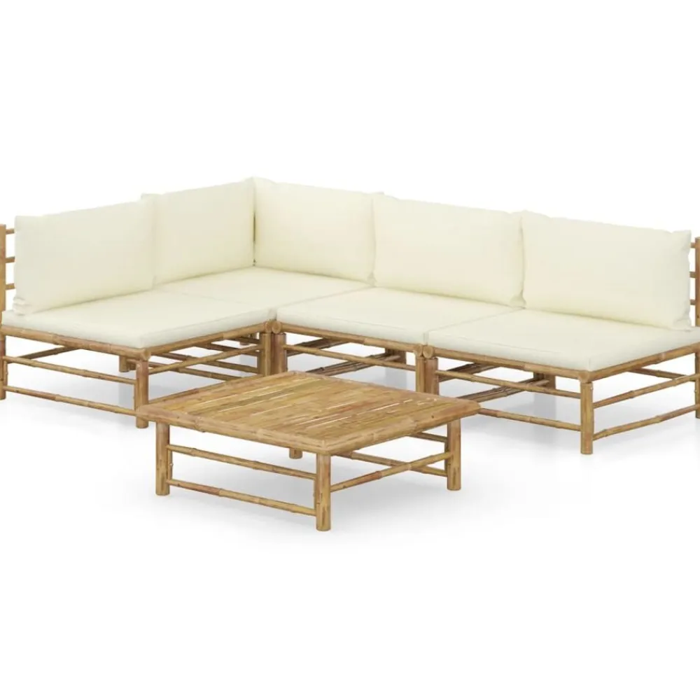 vidaXL Muebles De Jardín-Set de muebles de jardín 5 piezas bambú y cojines blanco