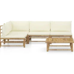 vidaXL Muebles De Jardín-Set de muebles de jardín 5 piezas bambú y cojines blanco