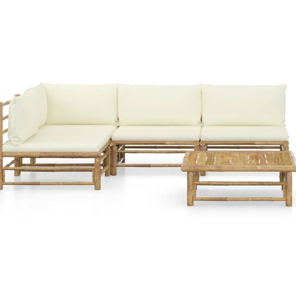 vidaXL Muebles De Jardín-Set de muebles de jardín 5 piezas bambú y cojines blanco