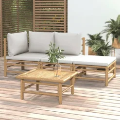 vidaXL Set de muebles de jardín 4 piezas bambú y cojines gris claro Outlet