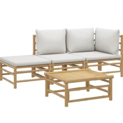 vidaXL Set de muebles de jardín 4 piezas bambú y cojines gris claro Outlet