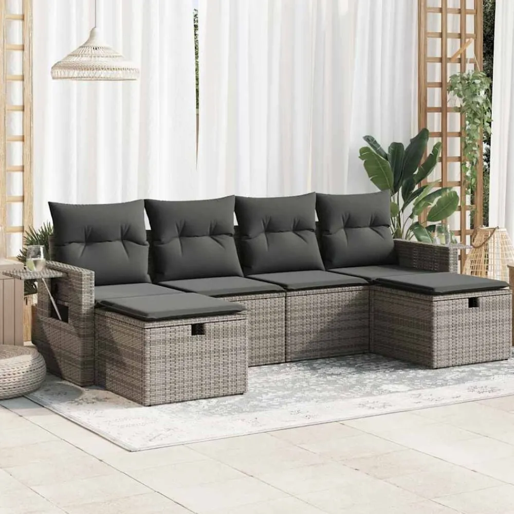 vidaXL Muebles De Jardín-Set de muebles de jardín 6 pzas y cojines ratán sintético