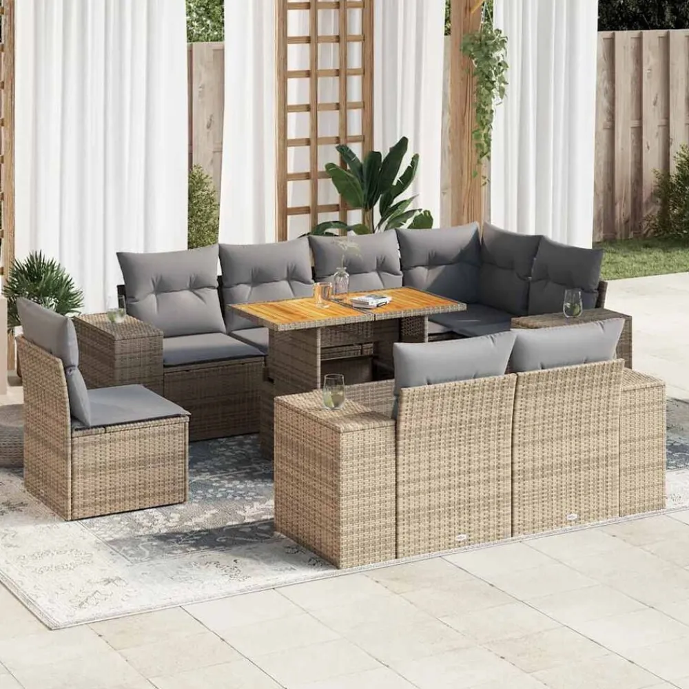vidaXL Set de sofás de jardín con cojines 9 pzas ratán sintético beige beige y gris claro Outlet
