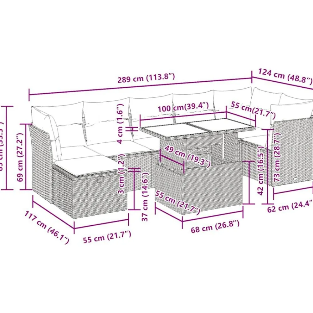 vidaXL Muebles De Jardín-Set de sofás de jardín y cojines 8 piezas ratán sintético beige
