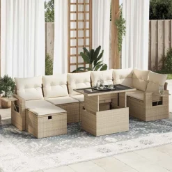 vidaXL Muebles De Jardín-Set de sofás de jardín y cojines 8 piezas ratán sintético beige