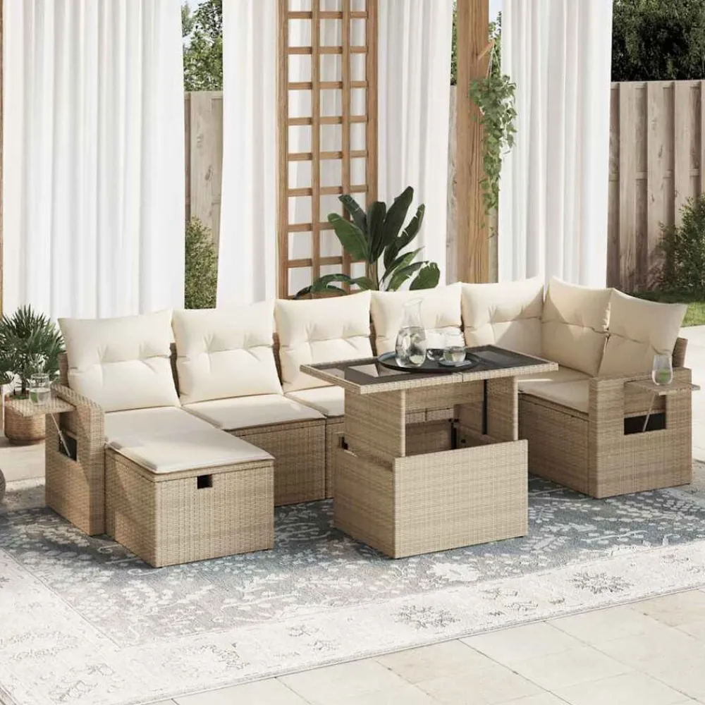 vidaXL Muebles De Jardín-Set de sofás de jardín y cojines 8 piezas ratán sintético beige