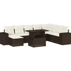 vidaXL Set de sofás de jardín 9 pzas y cojines ratán sintético marrón Marrón y crema Sale