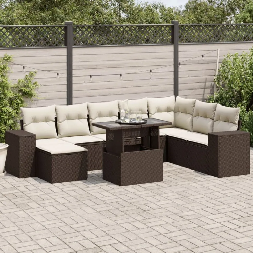 vidaXL Set de sofás de jardín 9 pzas y cojines ratán sintético marrón Marrón y crema Sale
