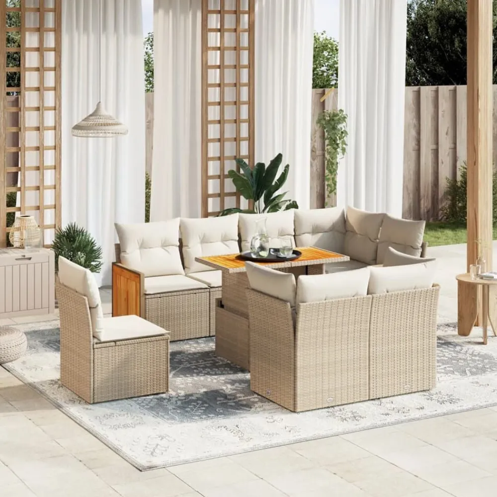 vidaXL Muebles De Jardín-Set de sofás de jardín 9 pzas con cojines ratán sintético beige