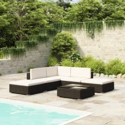 vidaXL Set muebles de jardín 6 piezas y cojines ratán sintético negro Negro y blanco
