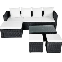vidaXL Muebles De Jardín-Set muebles de jardín 4 piezas y cojines ratán sintético negro