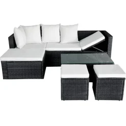 vidaXL Muebles De Jardín-Set muebles de jardín 4 piezas y cojines ratán sintético negro