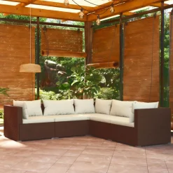 vidaXL Set muebles de jardín 5 piezas y cojines ratán sintético marrón Marr&oacute;n y crema Discount