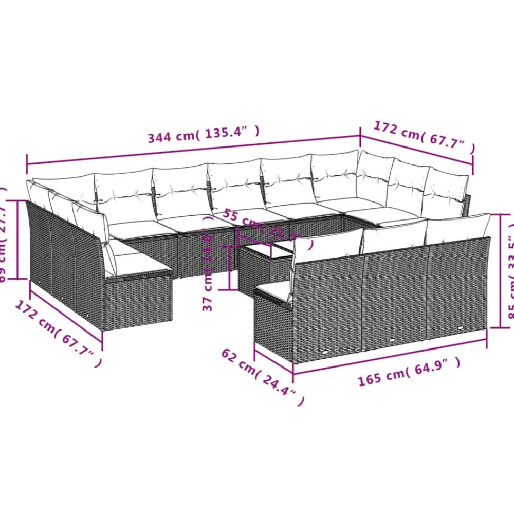 vidaXL Muebles De Jardín-Set sofás de jardín 14 pzas con cojines ratán sintético beige