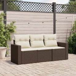 vidaXL Set sofás de jardín 3 piezas y cojines ratán sintético marrón Marr&oacute;n y crema