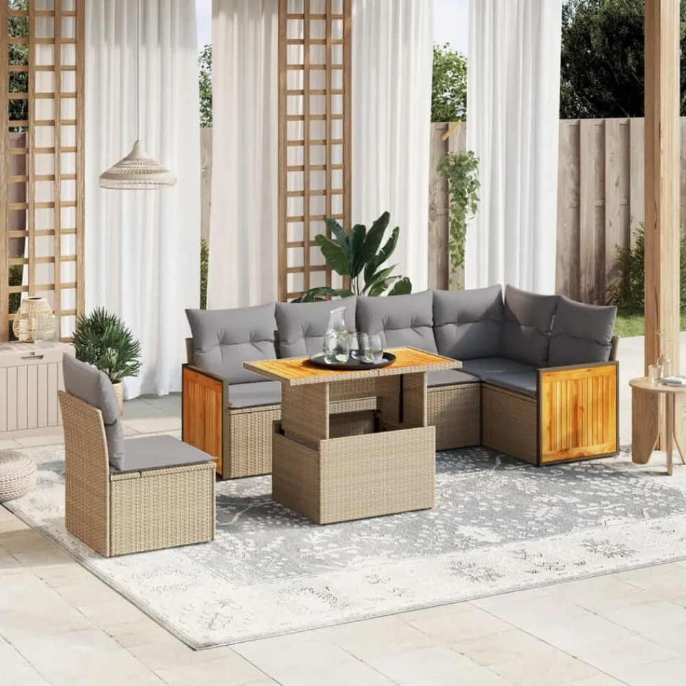 vidaXL Muebles De Jardín-Set sofás de jardín 7 piezas y cojines ratán sintético beige