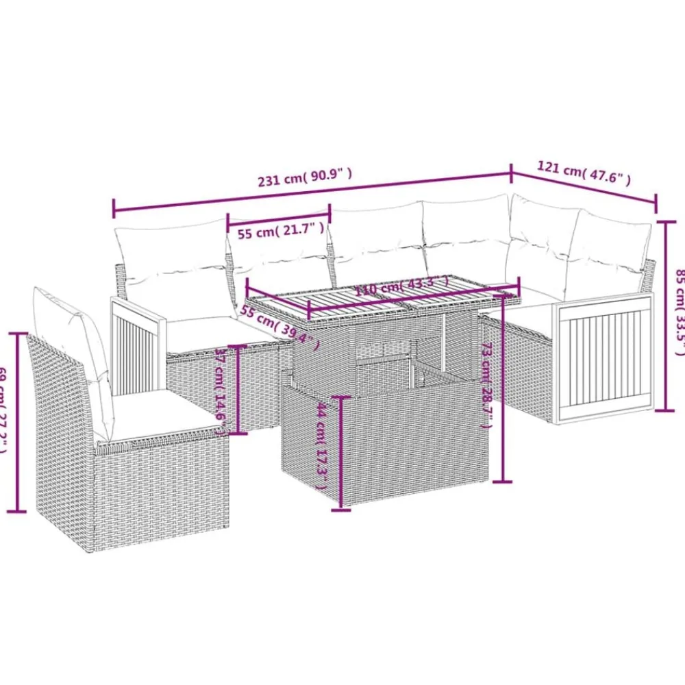 vidaXL Muebles De Jardín-Set sofás de jardín 7 piezas y cojines ratán sintético beige