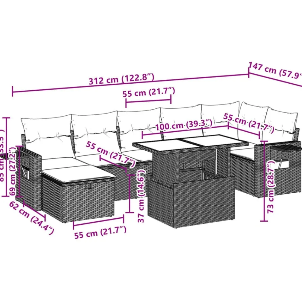 vidaXL Muebles De Jardín-Set sofás de jardín 8 piezas y cojines ratán sintético marrón