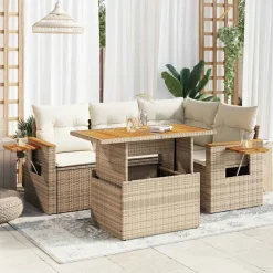 vidaXL Muebles De Jardín-Set sofás jardín y cojines 5 pzas ratán sintético acacia beige