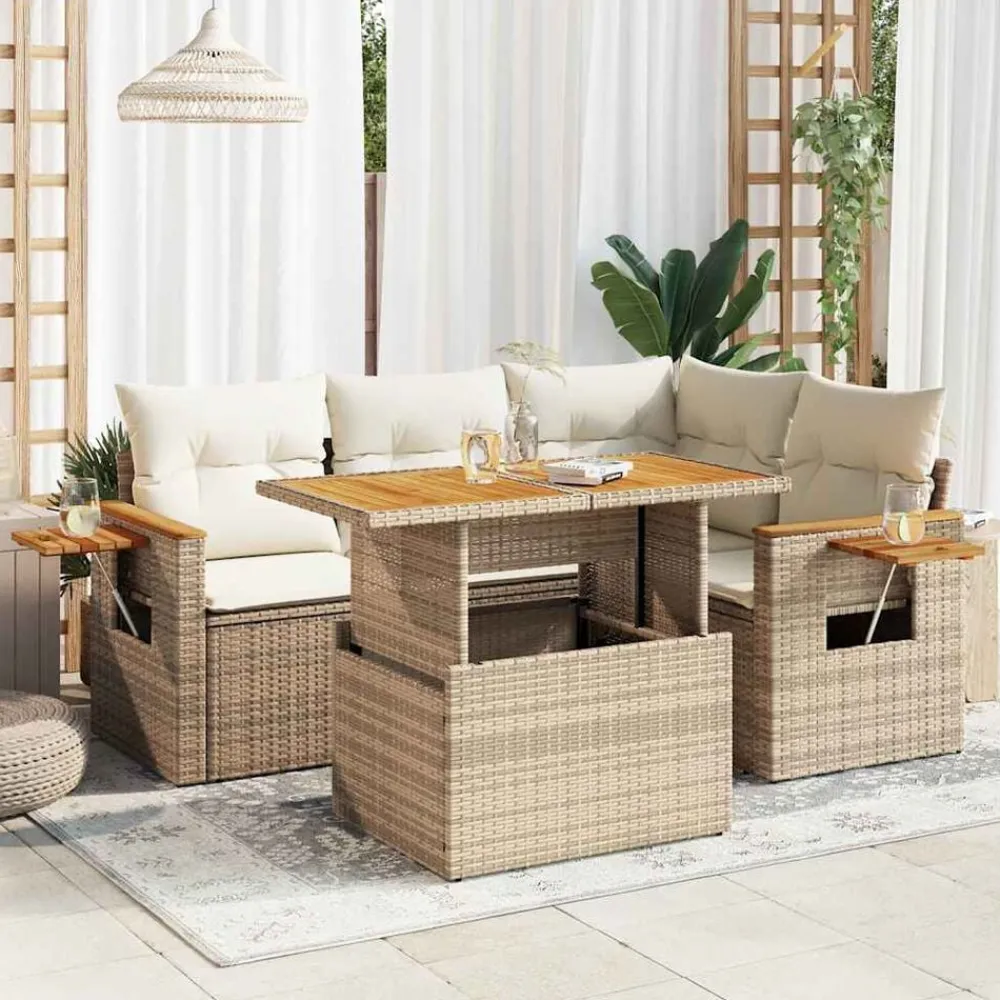vidaXL Muebles De Jardín-Set sofás jardín y cojines 5 pzas ratán sintético acacia beige