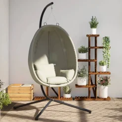 vidaXL Silla colgante huevo con soporte tela y acero Beige