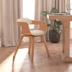 vidaXL Sillas-Silla de comedor de cuero sintético y madera curvada crema