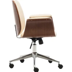 vidaXL Silla de oficina de madera curvada y cuero sintético Crema New