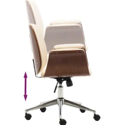 vidaXL Silla de oficina de madera curvada y cuero sintético Crema New