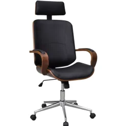 vidaXL Silla de oficina giratoria madera curvada y cuero artificial Negro y marr&oacute;n