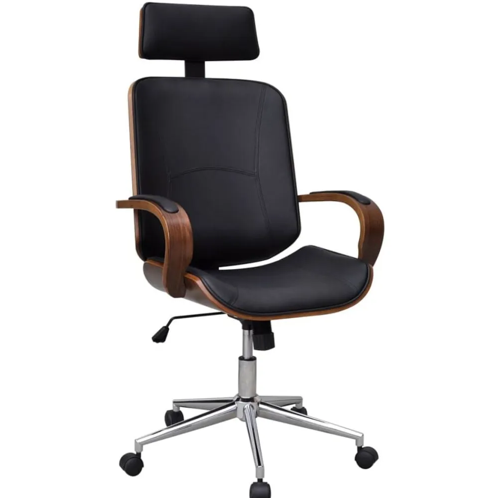 vidaXL Silla de oficina giratoria madera curvada y cuero artificial Negro y marrón