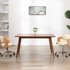 vidaXL Silla de oficina giratoria madera curvada cuero sintético Crema New