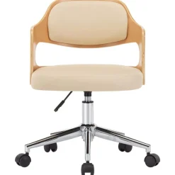 vidaXL Silla de oficina giratoria madera curvada cuero sintético Crema New