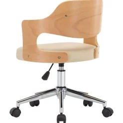 vidaXL Silla de oficina giratoria madera curvada cuero sintético Crema New