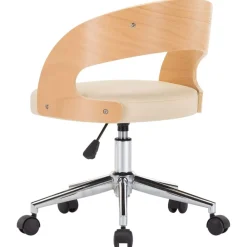 vidaXL Silla de oficina giratoria madera curvada cuero sintético Crema New