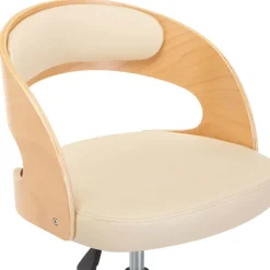 vidaXL Silla de oficina giratoria madera curvada cuero sintético Crema New