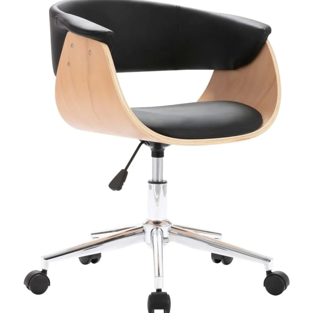 vidaXL Silla de oficina giratoria madera curvada cuero sintético negro negro y marrón claro Discount