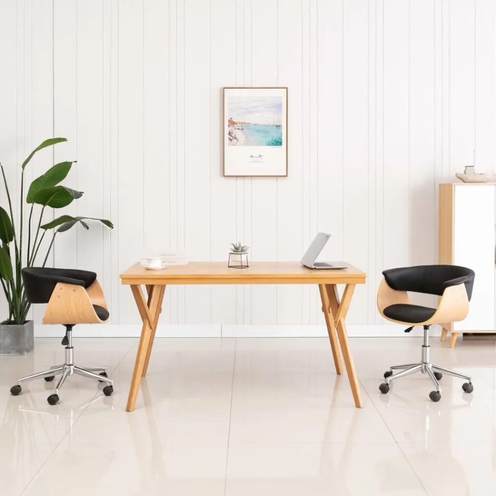 vidaXL Silla de oficina giratoria madera curvada cuero sintético negro negro y marrón claro Discount