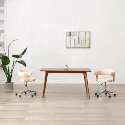 vidaXL Silla de oficina giratoria madera curvada cuero sintético Crema Clearance
