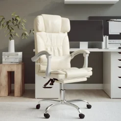 vidaXL Silla de oficina reclinable masaje cuero sintético color Crema Clearance