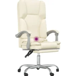 vidaXL Silla de oficina reclinable masaje cuero sintético color Crema New