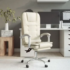 vidaXL Silla de oficina reclinable masaje cuero sintético color Crema Sale