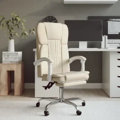 vidaXL Silla de oficina reclinable cuero sintético Crema Outlet
