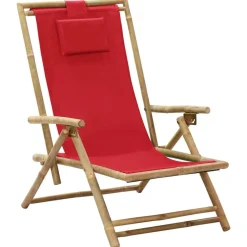 vidaXL Muebles De Jardín-Silla de relax reclinable de bambú y tela roja