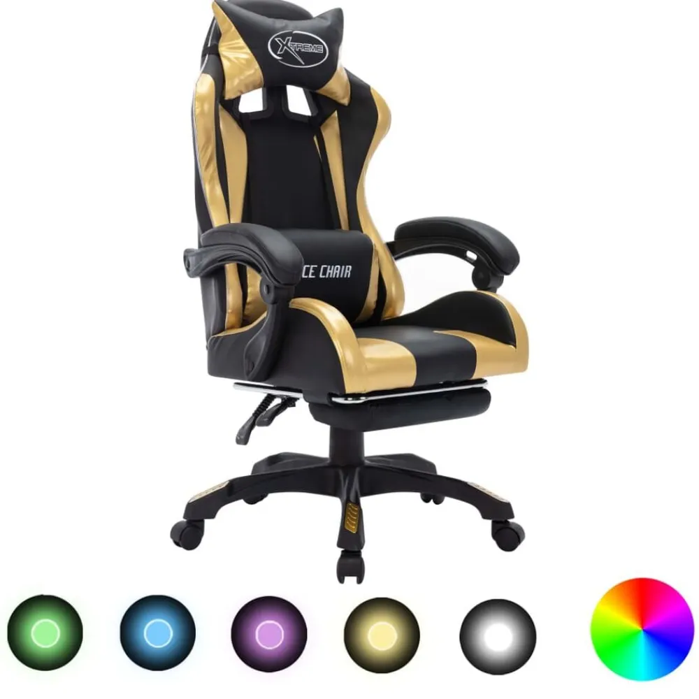 vidaXL Silla gaming con luces LED RGB cuero sintético Dorado y negro Clearance