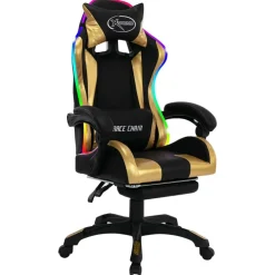 vidaXL Silla gaming con luces LED RGB cuero sintético Dorado y negro Clearance