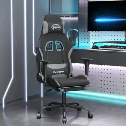 vidaXL Sillas-Silla gaming con reposapiés tela gris claro y negro