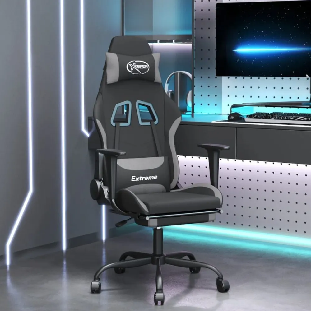 vidaXL Sillas-Silla gaming con reposapiés tela gris claro y negro