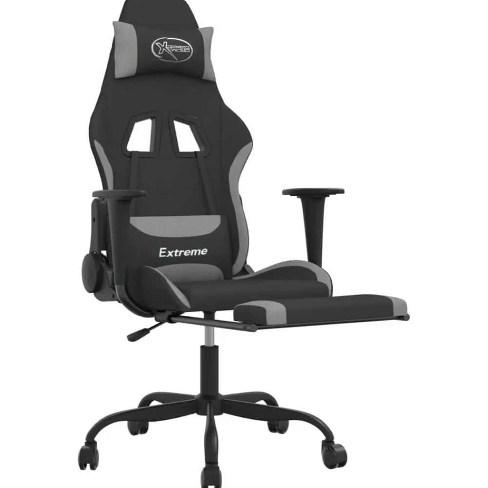 vidaXL Sillas-Silla gaming con reposapiés tela gris claro y negro